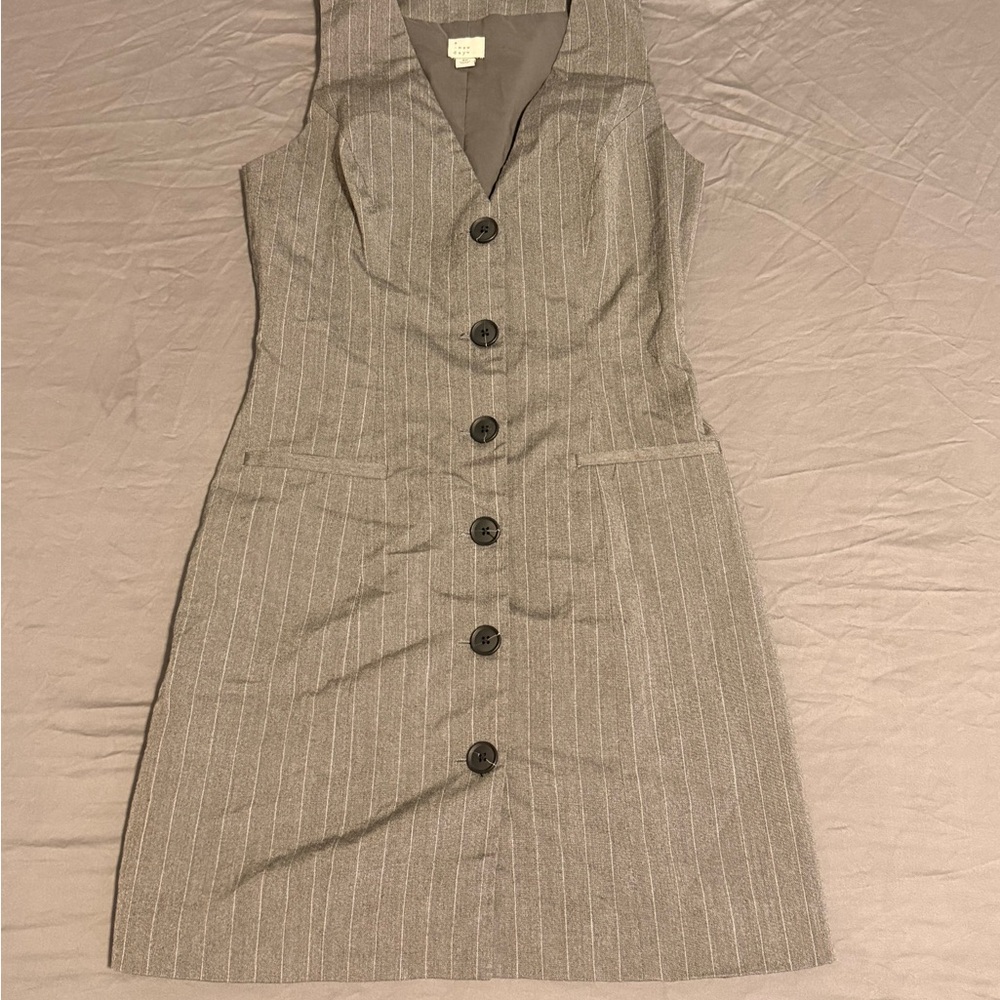 “A New Day” Gray Pinstripe Button-Down Midi Dress